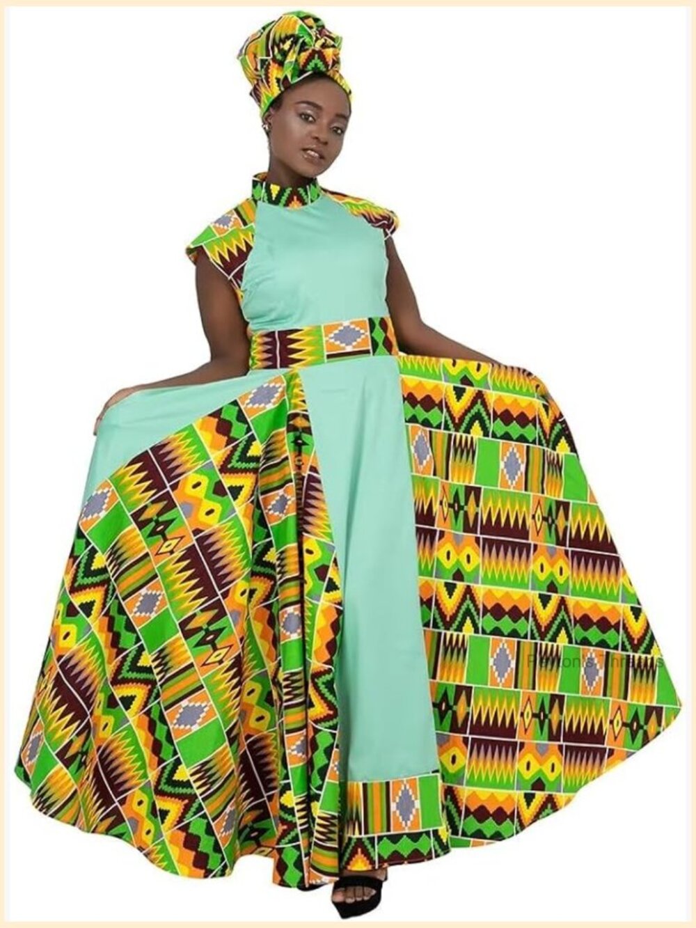African Print Maxi Skirt A-Line Cotton High Waist with Scarf